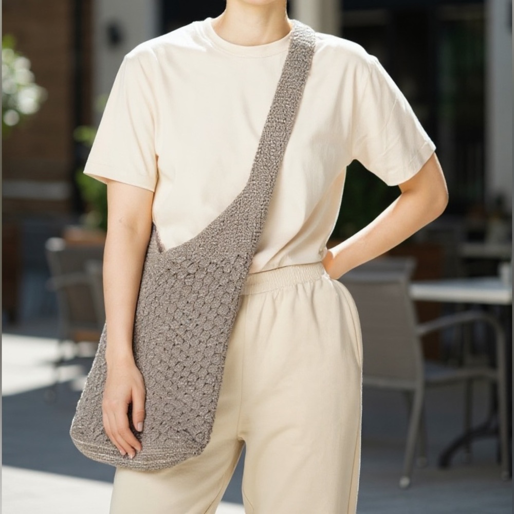 Tan Woven Crochet Sslouchy Shoulder Bag Purse